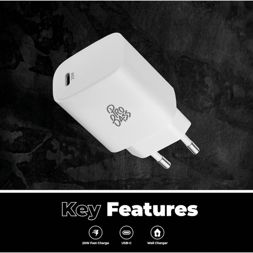 Pro Bass Mobile Accessories Pro Bass RapidCharge Series 20w Single Type-C Wall Charger - White
