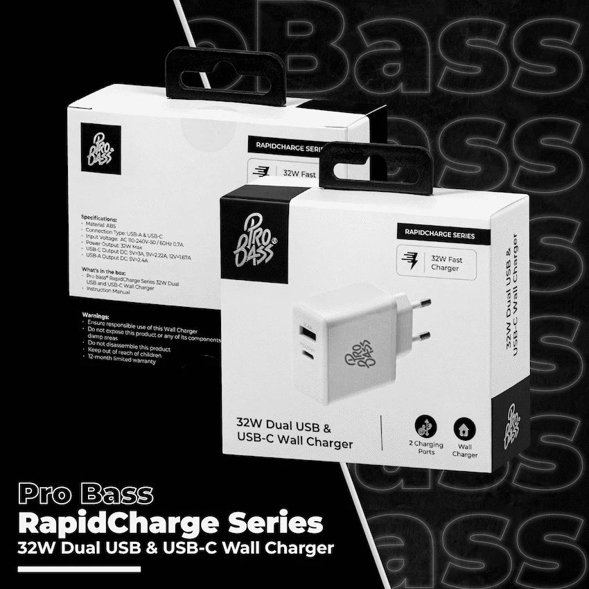 Pro Bass Mobile Accessories Pro Bass RapidCharge Series 32w Dual USB and Type-C Wall Charger