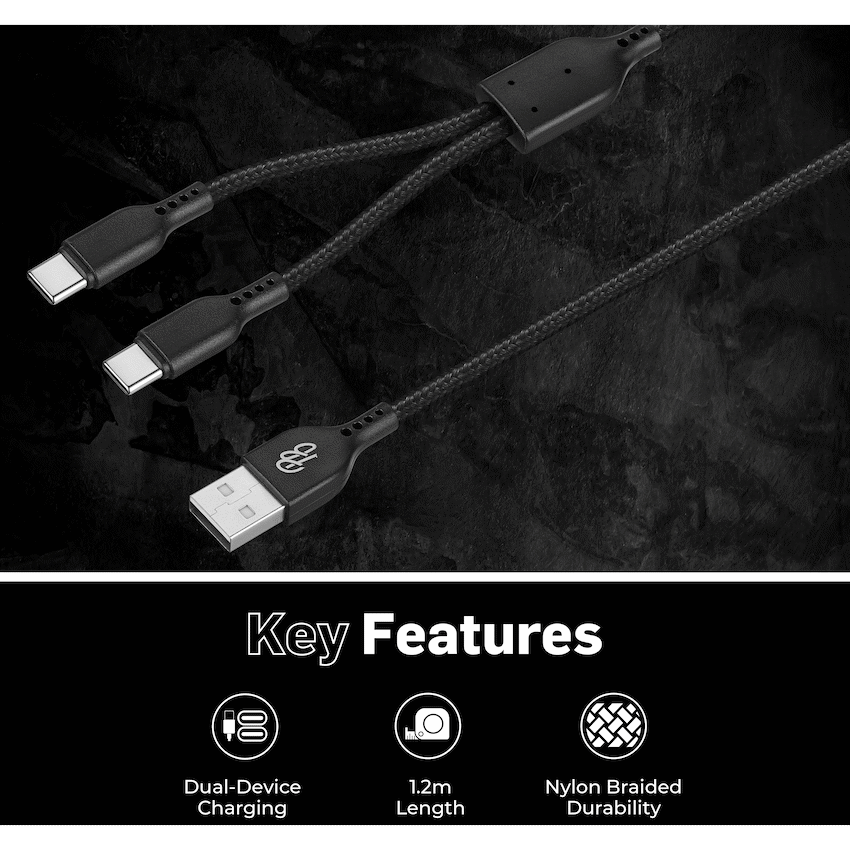 Pro Bass Pro Bass Cord Series 1.2m 15w USB-A to 2x USB-C Braided - Black