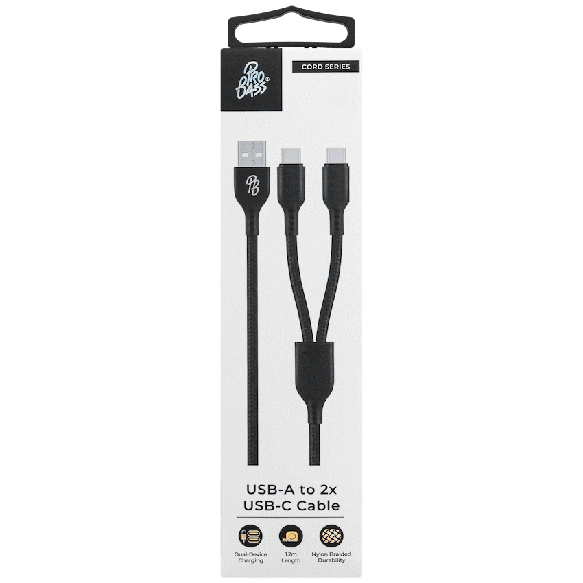 Pro Bass Pro Bass Cord Series 1.2m 15w USB-A to 2x USB-C Braided - Black