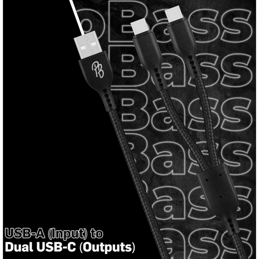 Pro Bass Pro Bass Cord Series 1.2m 15w USB-A to 2x USB-C Braided - Black