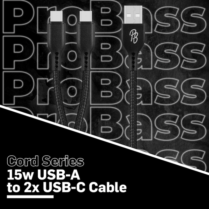 Pro Bass Pro Bass Cord Series 1.2m 15w USB-A to 2x USB-C Braided - Black