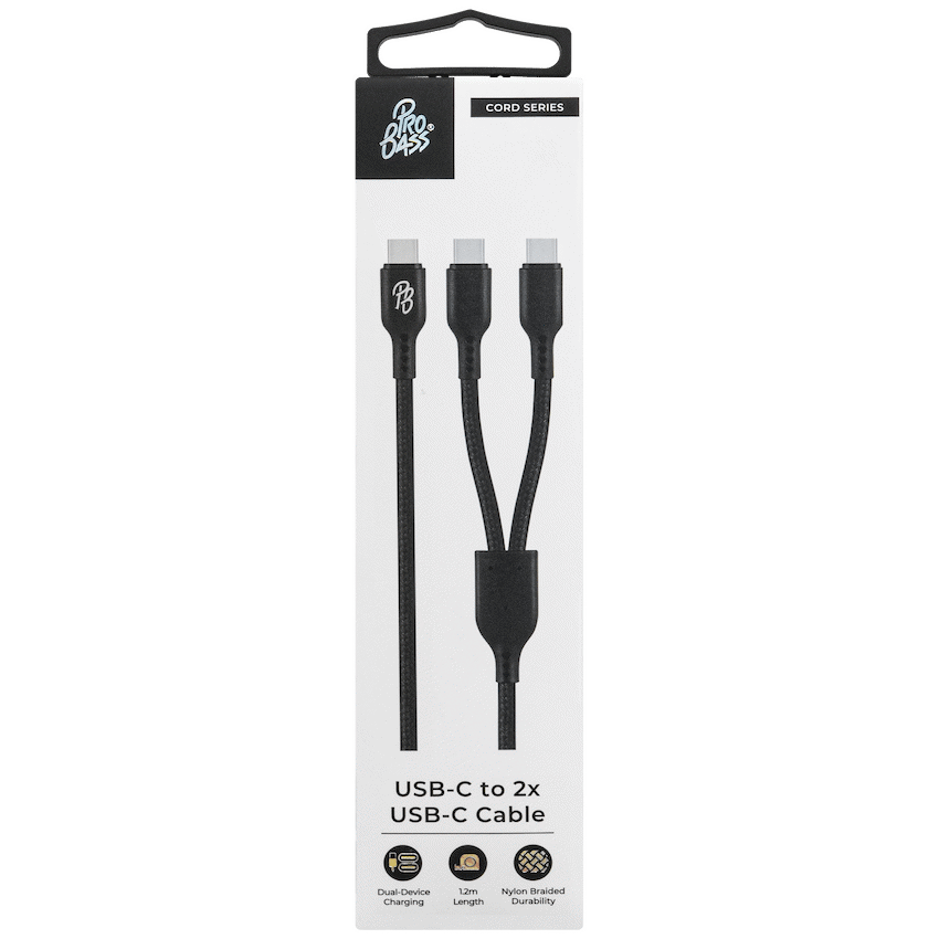 Pro Bass Pro Bass Cord Series 1.2m 15w USB-C to 2x USB-C Braided - Black
