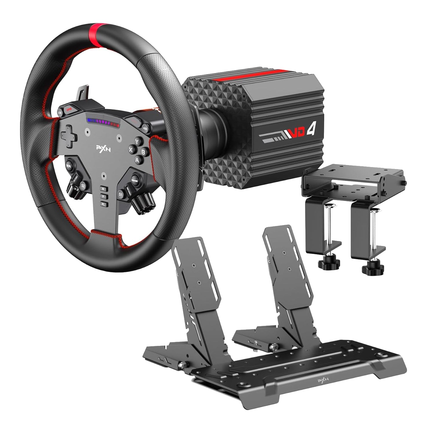 PXN PXN VD4 Direct Drive Sim Racing Wheel – PD-HM Dual Pedal – Z8 Clamp Bundle