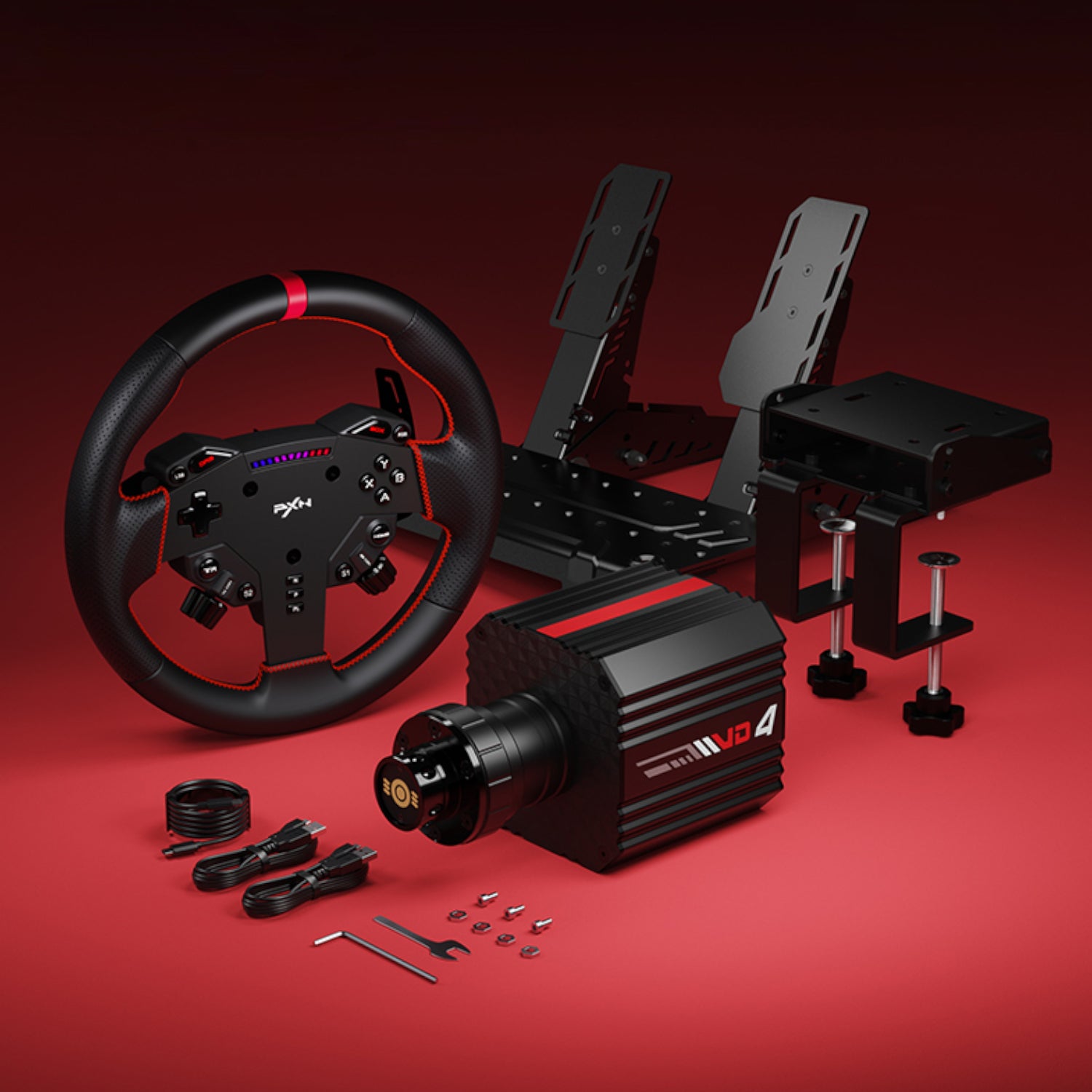PXN PXN VD4 Direct Drive Sim Racing Wheel – PD-HM Dual Pedal – Z8 Clamp Bundle