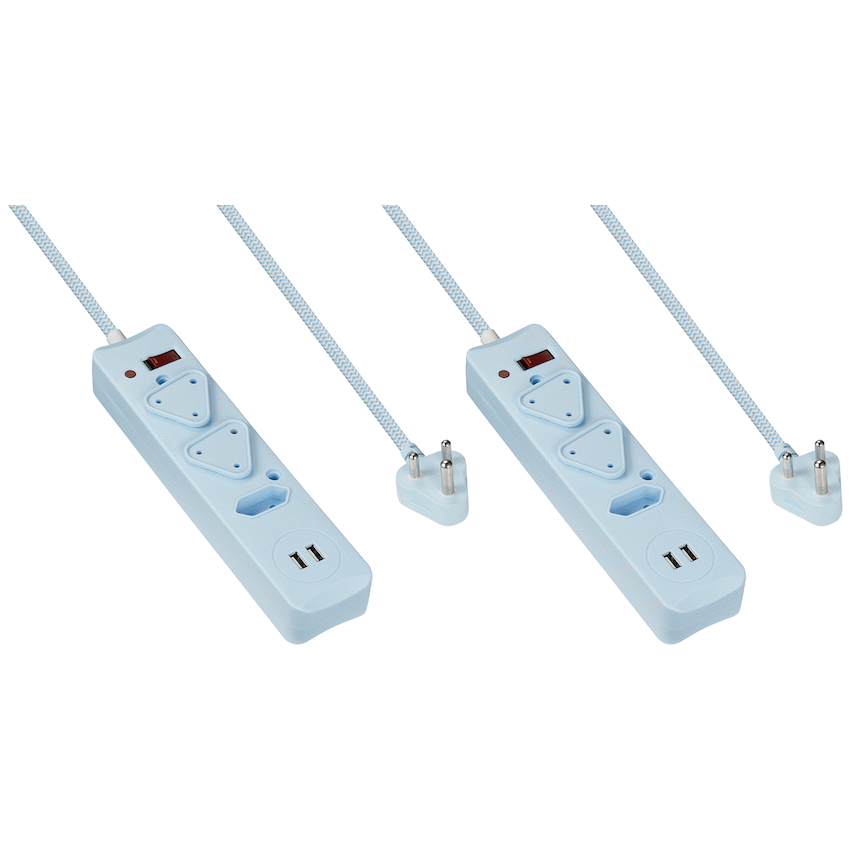Switched Electrical 2x 3-Way Surge Multiplug with Dual USB Ports Blue - 0.5m