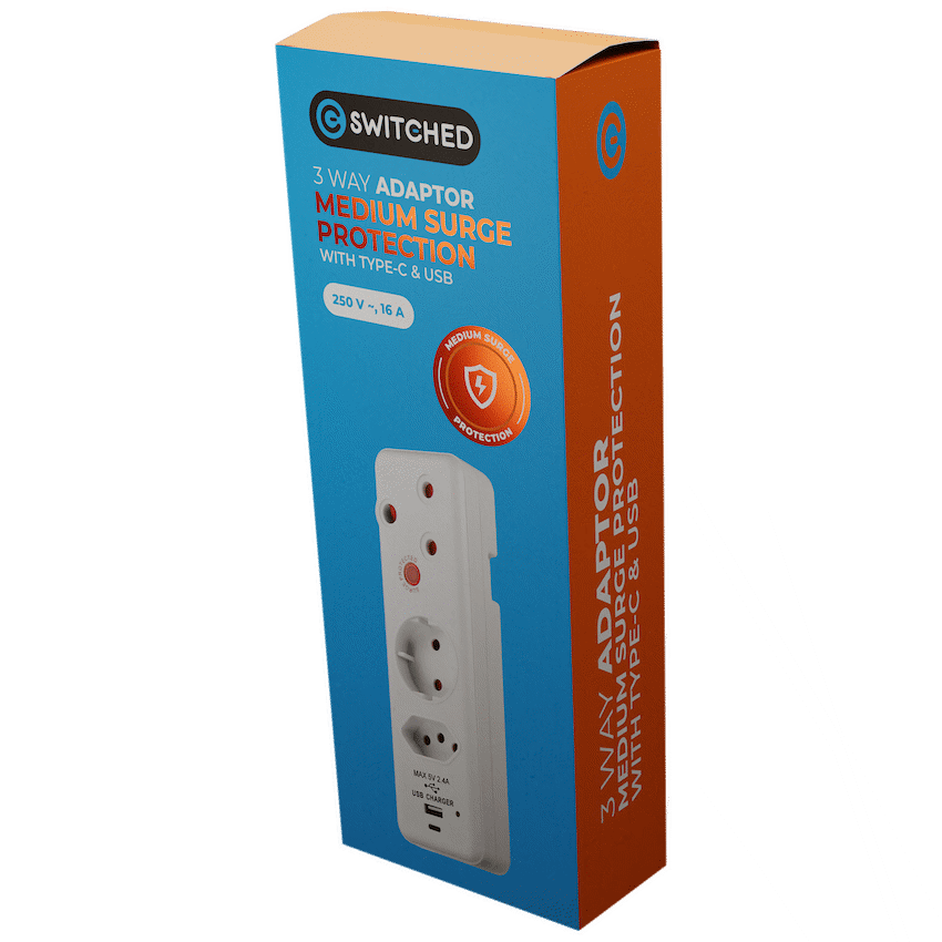 Switched Electrical Switched 3-Way Medium Surge Adaptor - Schuko with Type-C + USB