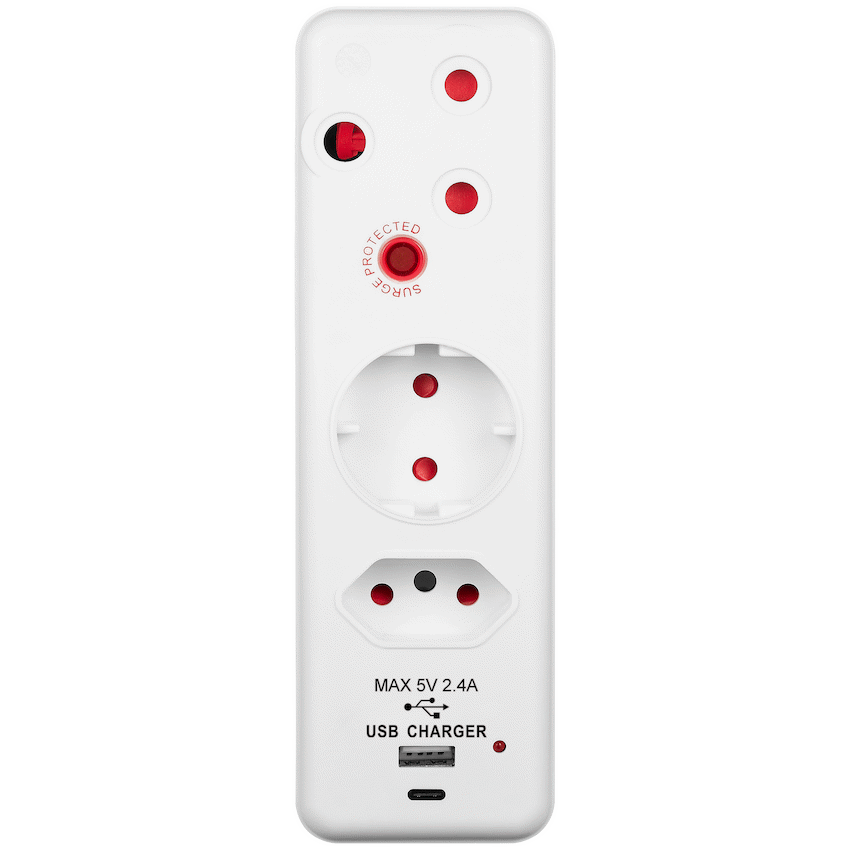 Switched Electrical Switched 3-Way Medium Surge Adaptor - Schuko with Type-C + USB