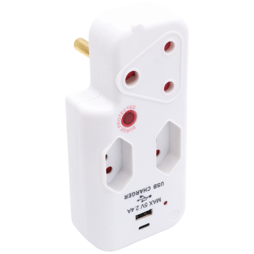 Switched Electrical Switched 3-Way Medium Surge Adaptor with Type-C + USB - White