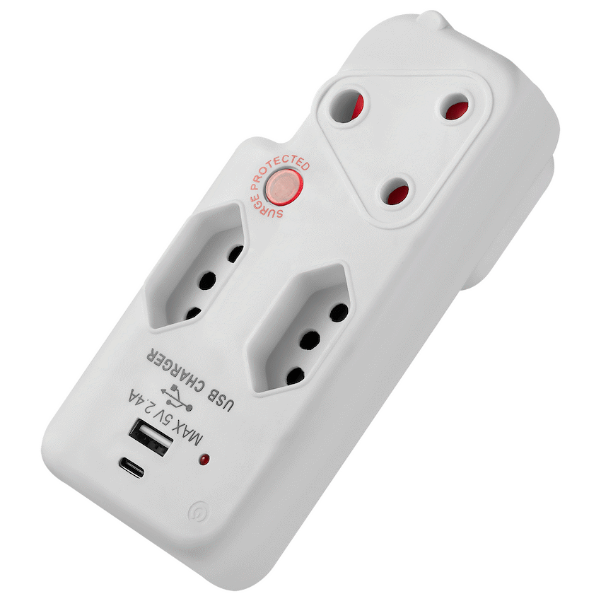 Switched Electrical Switched 3-Way Medium Surge Adaptor with Type-C + USB - White