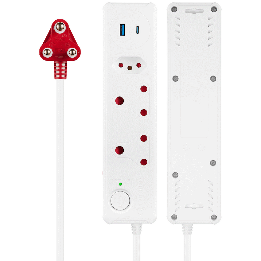 Switched Electrical Switched 3-Way Medium Surge-Protected Multiplug with 1x Type-C + 3.4a USB Ports - 0.5m - White