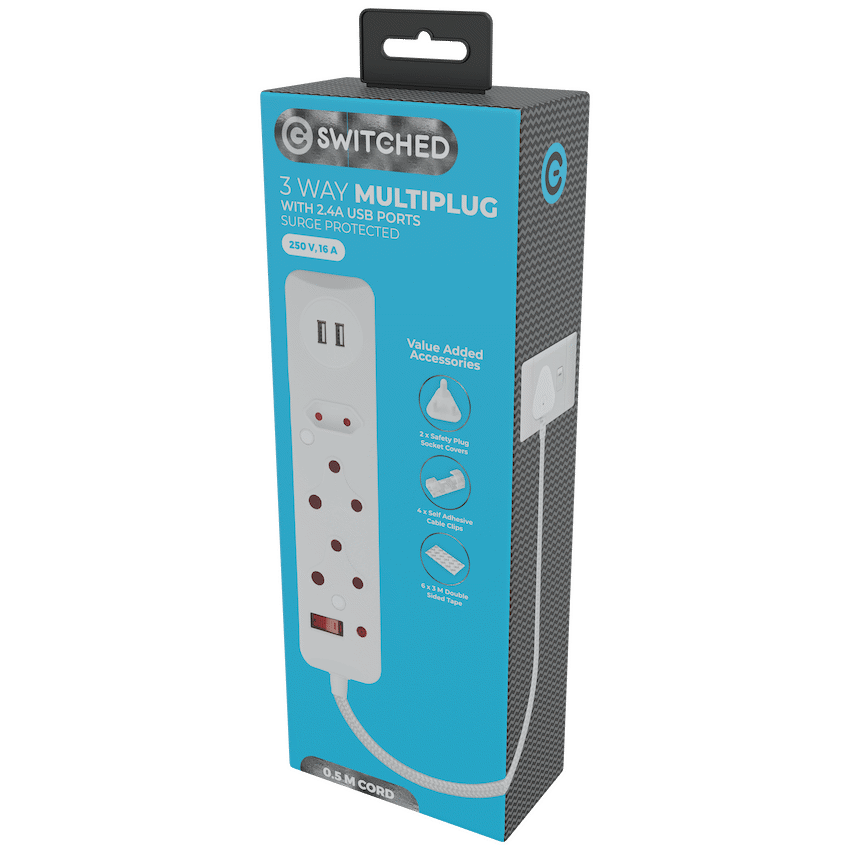Switched Electrical SWITCHED 3 Way Medium Surge Protected Multiplug with Dual 2.4A USB Ports 0.5M Braided Cord White