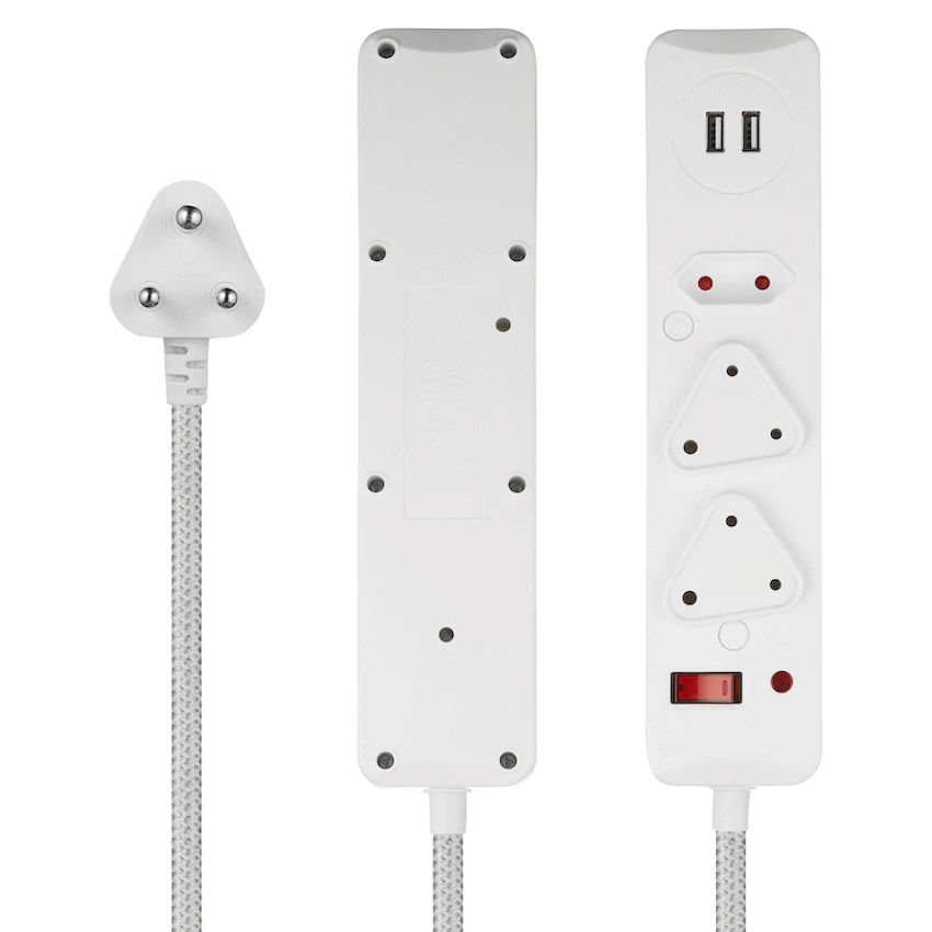 Switched Electrical SWITCHED 3 Way Medium Surge Protected Multiplug with Dual 2.4A USB Ports 0.5M Braided Cord White