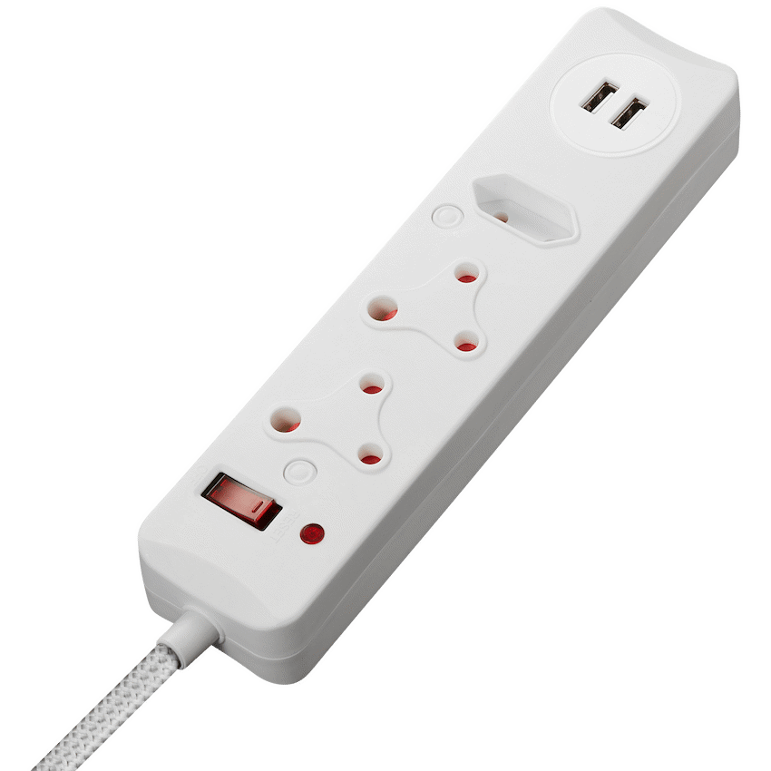 Switched Electrical SWITCHED 3 Way Medium Surge Protected Multiplug with Dual 2.4A USB Ports 0.5M Braided Cord White