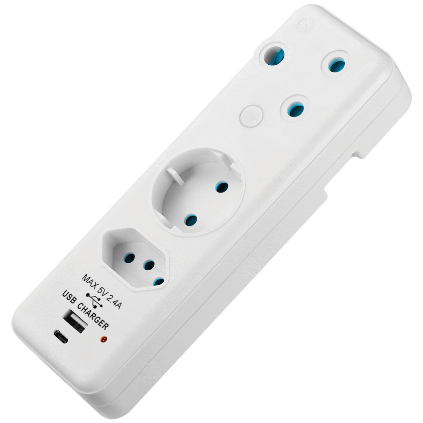Switched Electrical Switched 3-Way Schuko Adaptor with Type C + USB