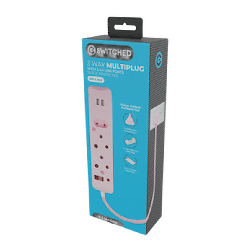 Switched Electrical Switched 3-Way Surge Multiplug with Dual USB 2.4A & 0.5m Braided Cord - Pink