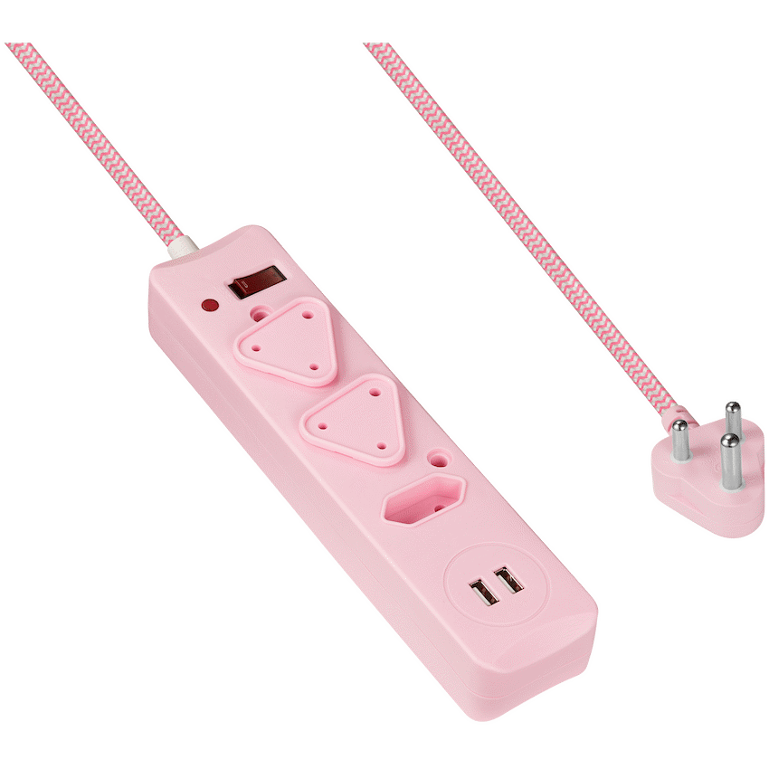 Switched Electrical Switched 3-Way Surge-Protected Multiplug with Dual 2.4a USB Ports 3m Braided Cord