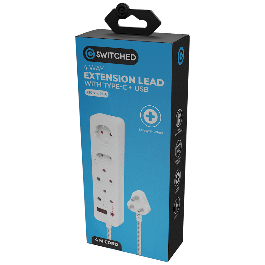 Switched Electrical Switched 4-Way Extension Lead with 1x Type-C + 1x USB - 4m