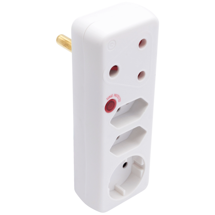 Switched Electrical Switched 4-Way Medium Surge Adaptor with Schuko - White