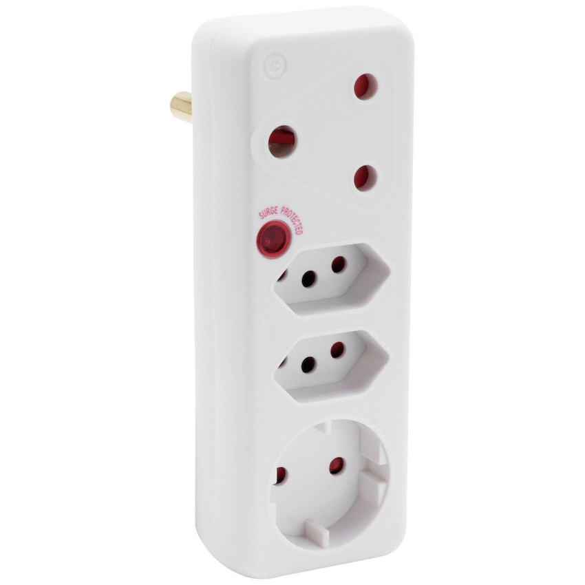Switched Electrical Switched 4-Way Medium Surge Adaptor with Schuko - White