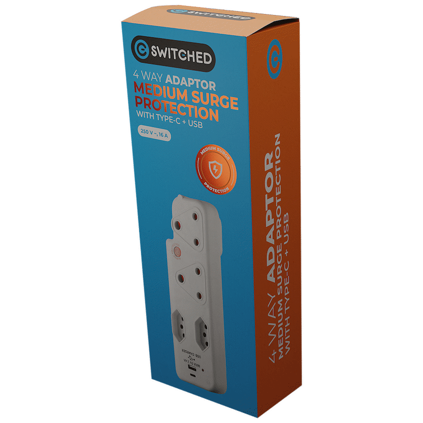 Switched Electrical Switched 4-Way Medium Surge Adaptor with Type-C + USB