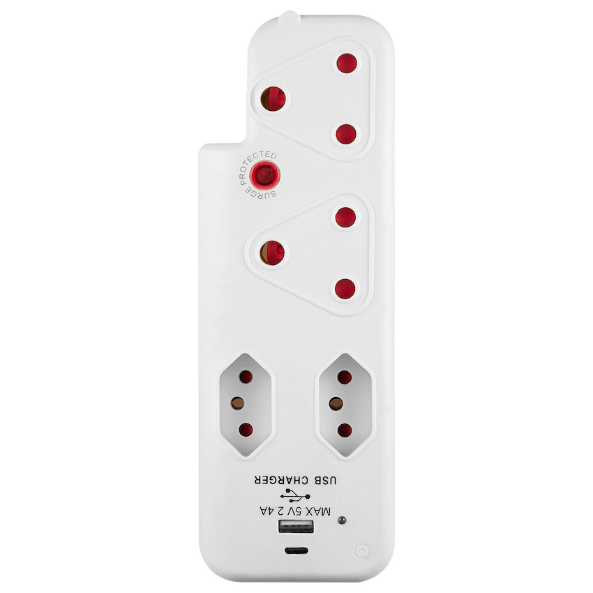Switched Electrical Switched 4-Way Medium Surge Adaptor with Type-C + USB
