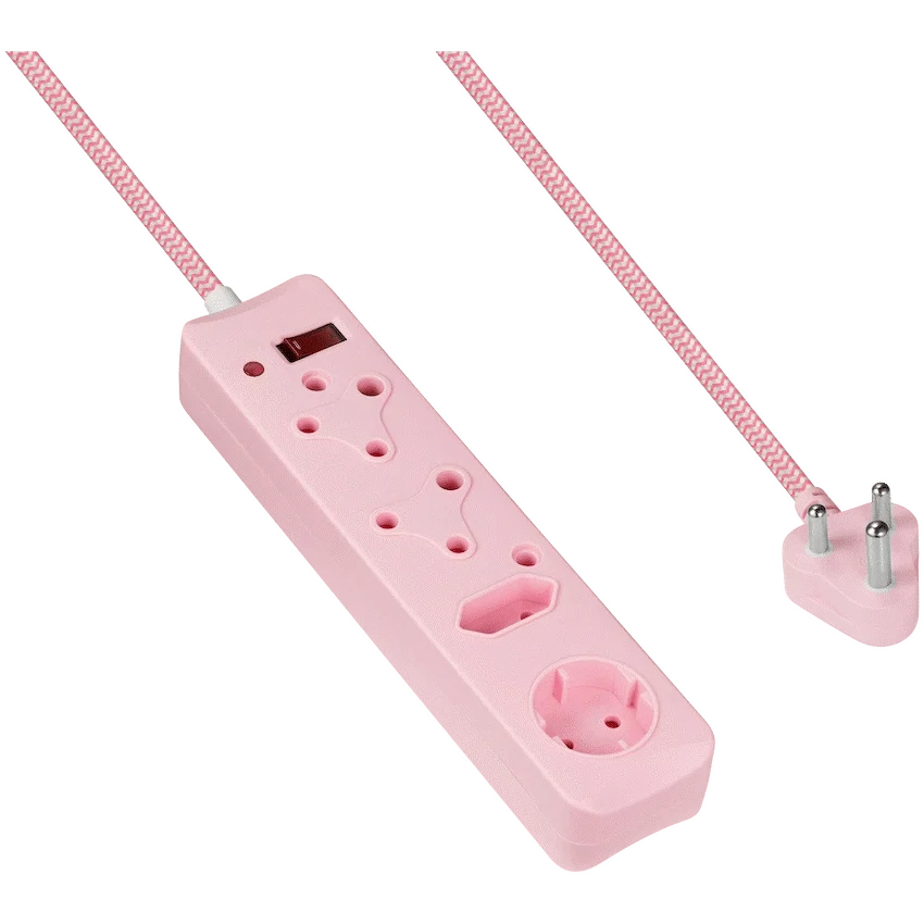 Switched Electrical Switched 4-Way Surge-Protected Multiplug - 3m Braided Cord - Pink