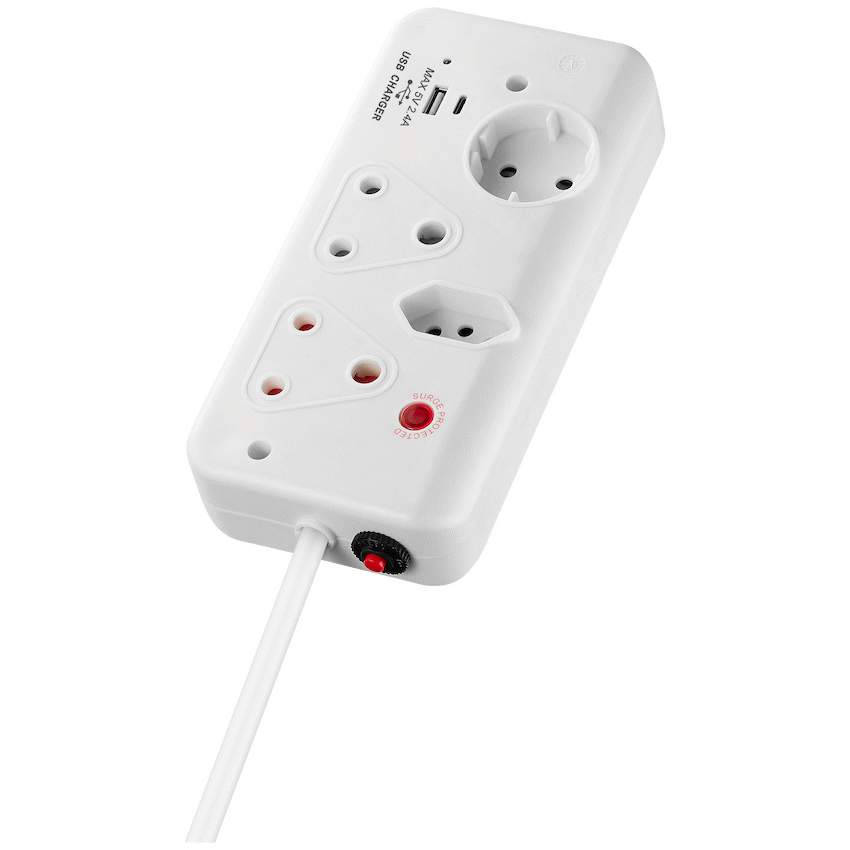 Switched Electrical Switched 4-Way with 1x Type-C + 1x USB 2.4a Socket Medium Surge-Protected 0.5m