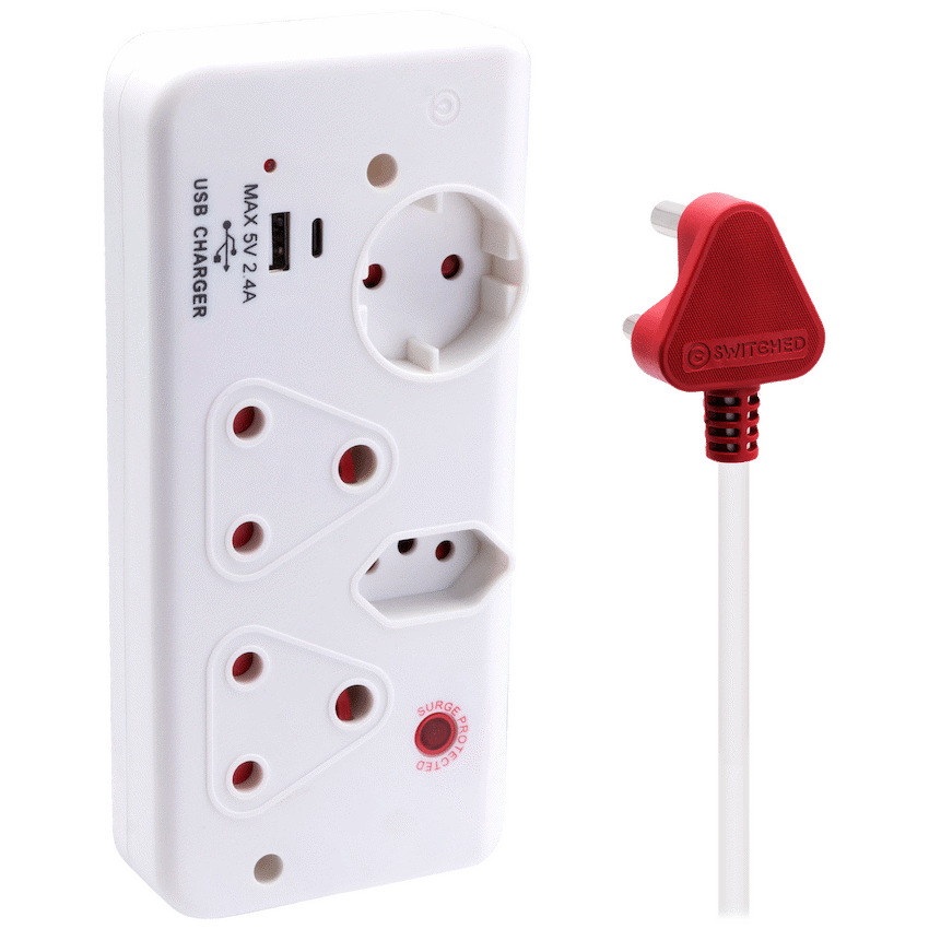 Switched Electrical Switched 4-Way with 1x Type-C + 1x USB 2.4a Socket Medium Surge-Protected 0.5m