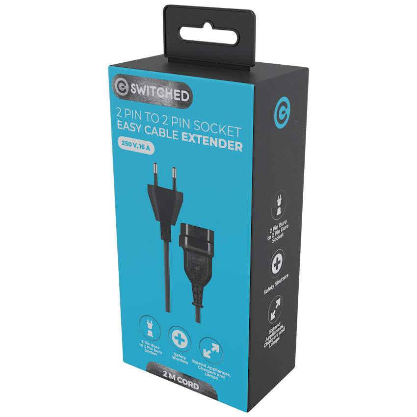 Switched Electrical Switched Easy Cable Extender 2-Pin Euro to 2-Pin Euro Socket 2m