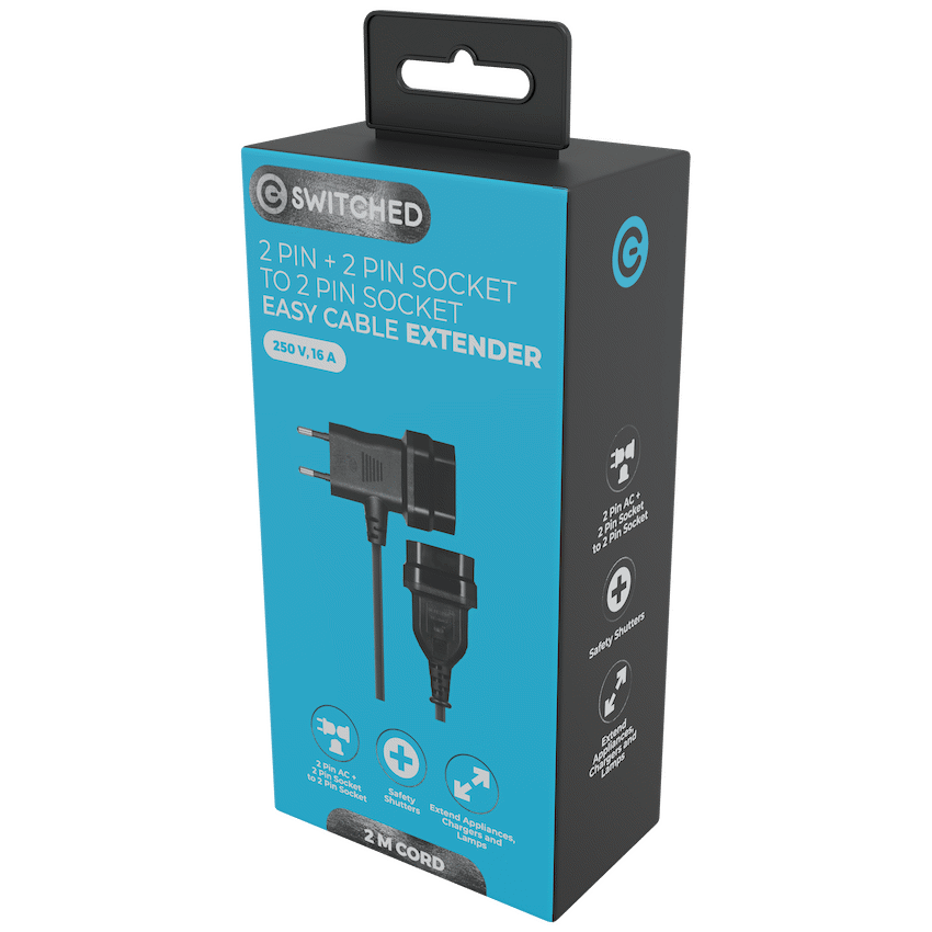 Switched Electrical Switched Easy Cable Extender 2-Pin Euro to T-Shape AC 2-Pin Euro Socket 2m - Black