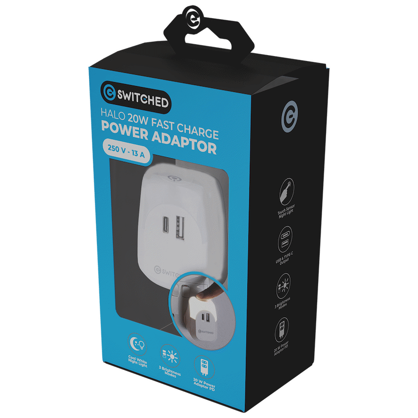 Switched Electrical Switched Halo Fast Charge Power Adaptor, USB and Type-C Ports, Output 20w - Soft Touch Night Light
