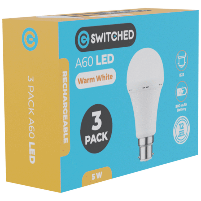 Switched Lighting Switched 5w A60 Rechargeable B22 LED Light Bulb - WW - 3 Pack