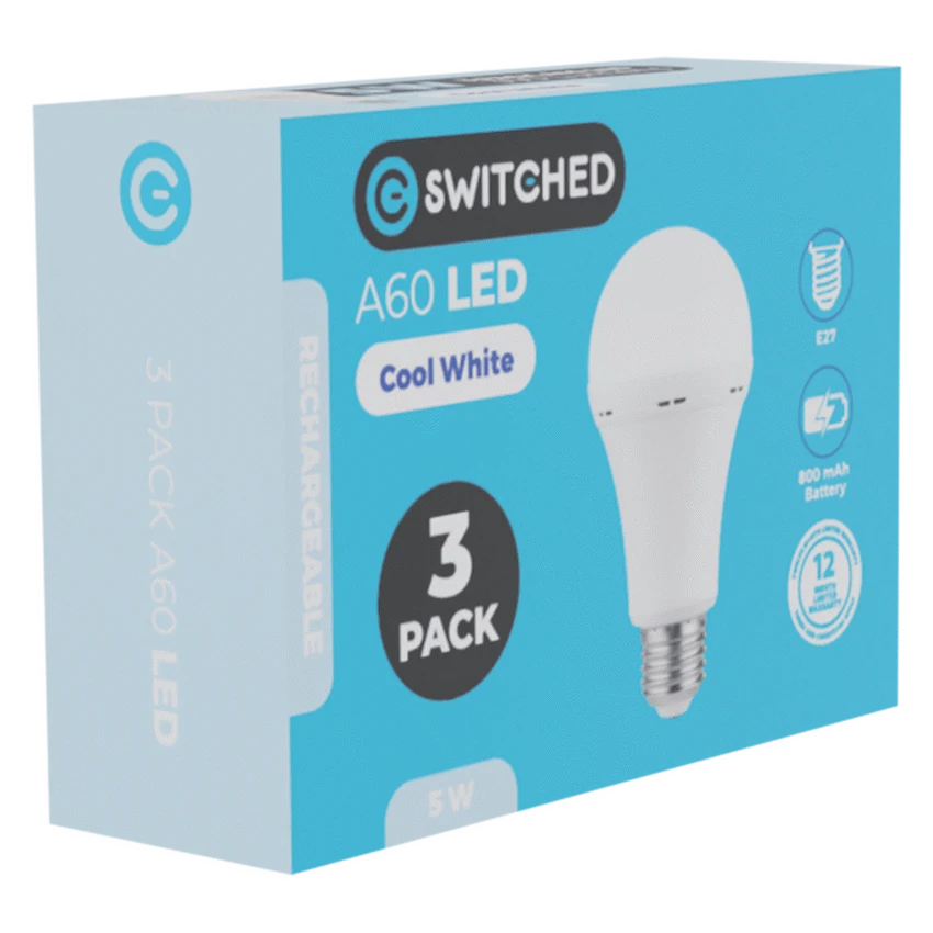 Switched Lighting SWITCHED 5W A60 Rechargeable E27 LED Light Bulb CW - 3 Pack