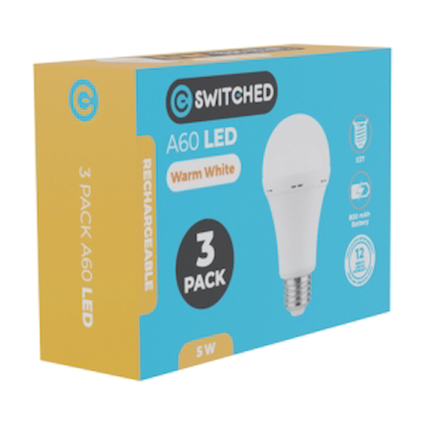 Switched Lighting Switched 5w A60 Rechargeable E27 LED Light Bulb WW - 3 Pack
