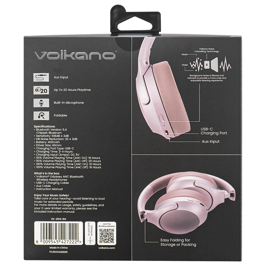Volkano Audio Volkano Odyssey ANC Bluetooth Wireless Headphone - Rose Gold