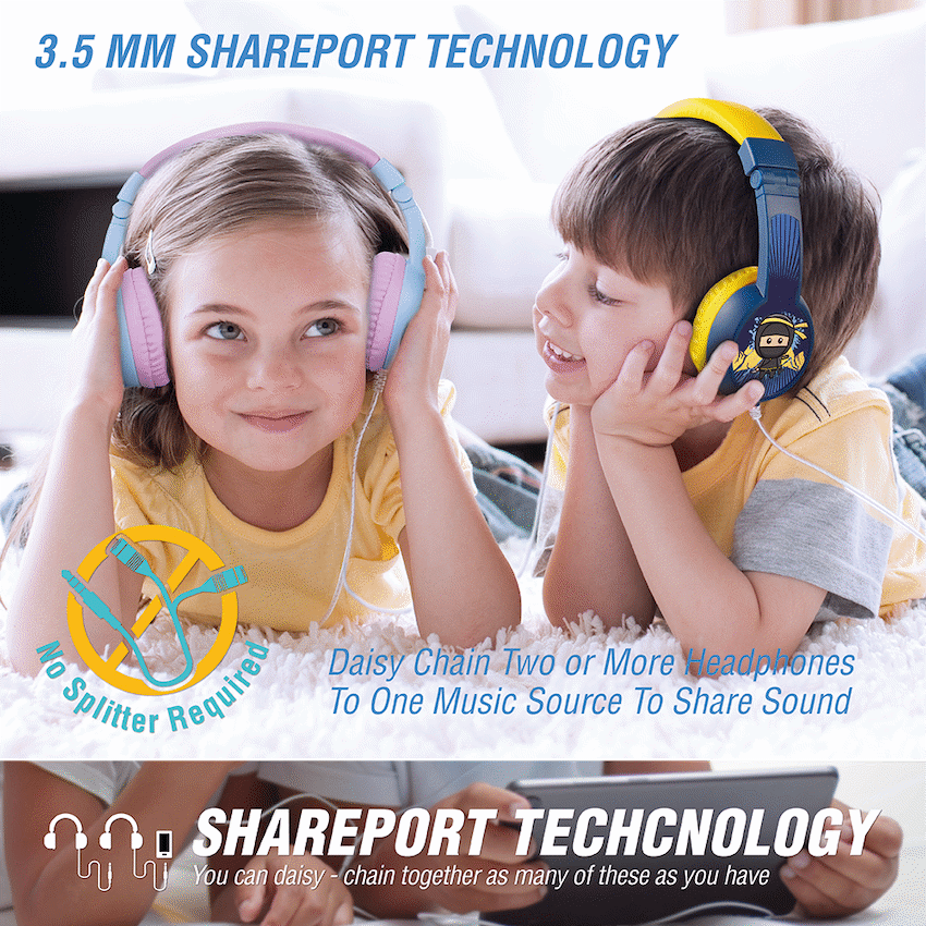 Volkano Audio Volkano Sidekick Series Wired Kiddies Headphones with Share Port - Yellow/Blue