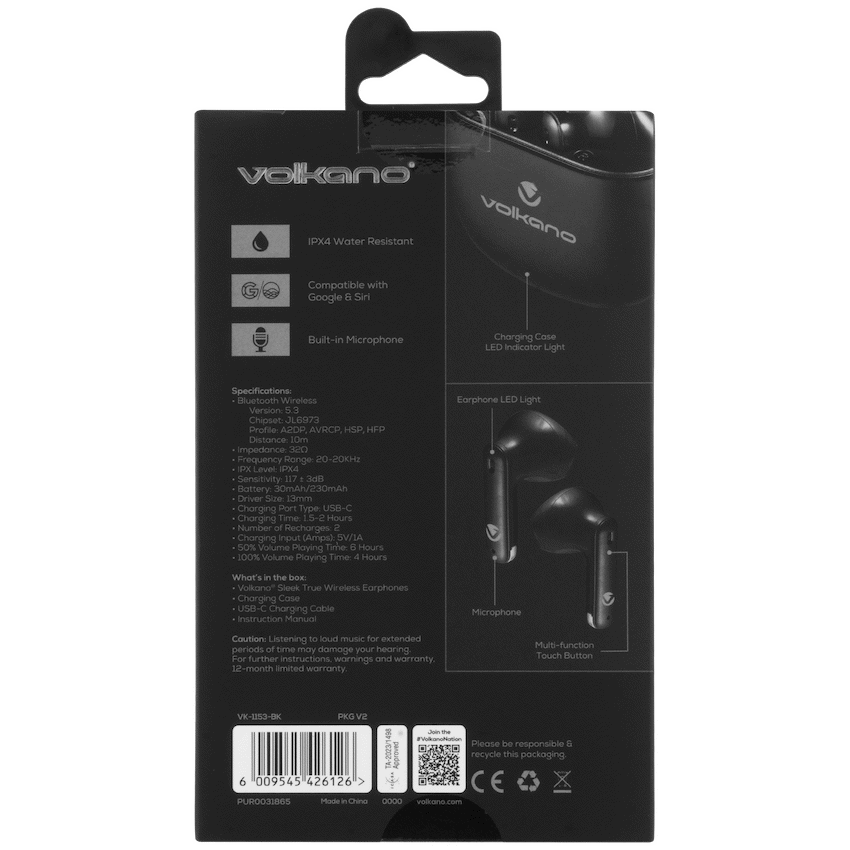 Volkano Audio Volkano Sleek Series TWS Earphones - Black