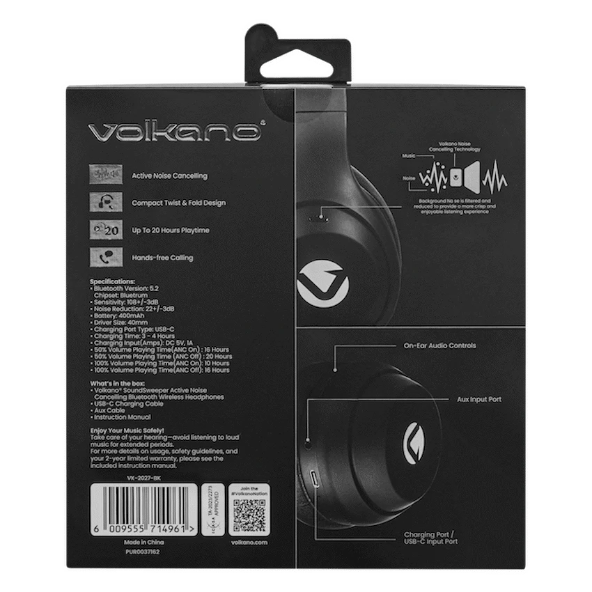 Volkano Audio Volkano SoundSweeper Series Active Noise Cancelling bluetooth Headphones - Black