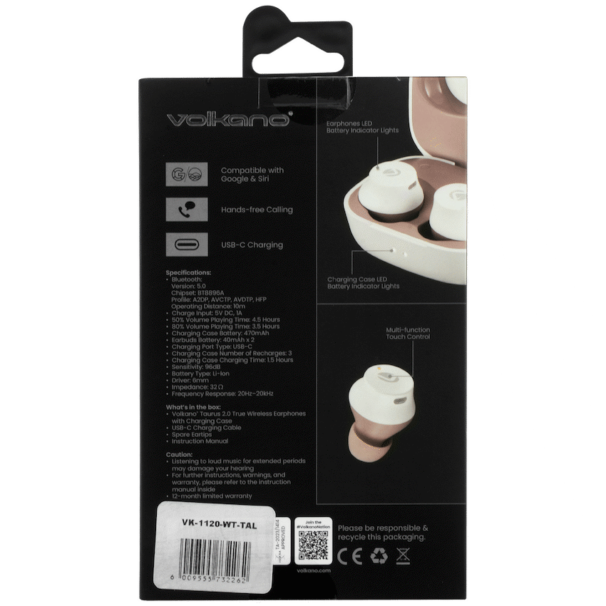 Volkano Audio Volkano Taurus Series 2.0 True Wireless Earphones - White