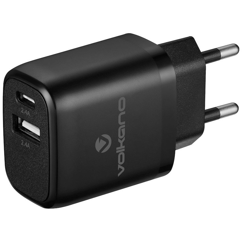 Volkano Mobile Accessories Volkano Cupla Series 5v/2.4a 12w Dual USB-A & USB-C Wall Charger - Black