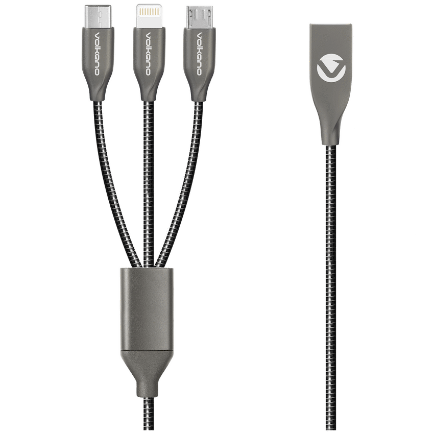 Volkano Mobile Accessories Volkano Iron Series Round Metallic Spring 3-in-1 (Type-C/Lightning/Micro) Cable 1m - Black