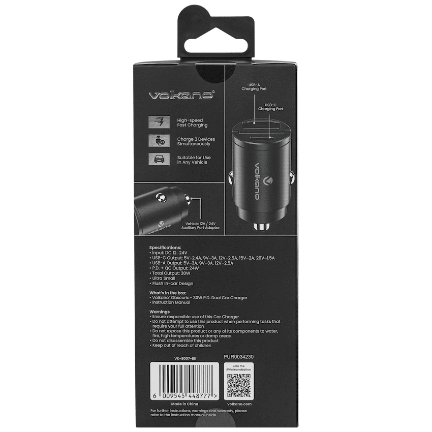Volkano Mobile Accessories Volkano Obscurix Series 30w PD Dual USB-A and USB-C Ultra Small Car Charger