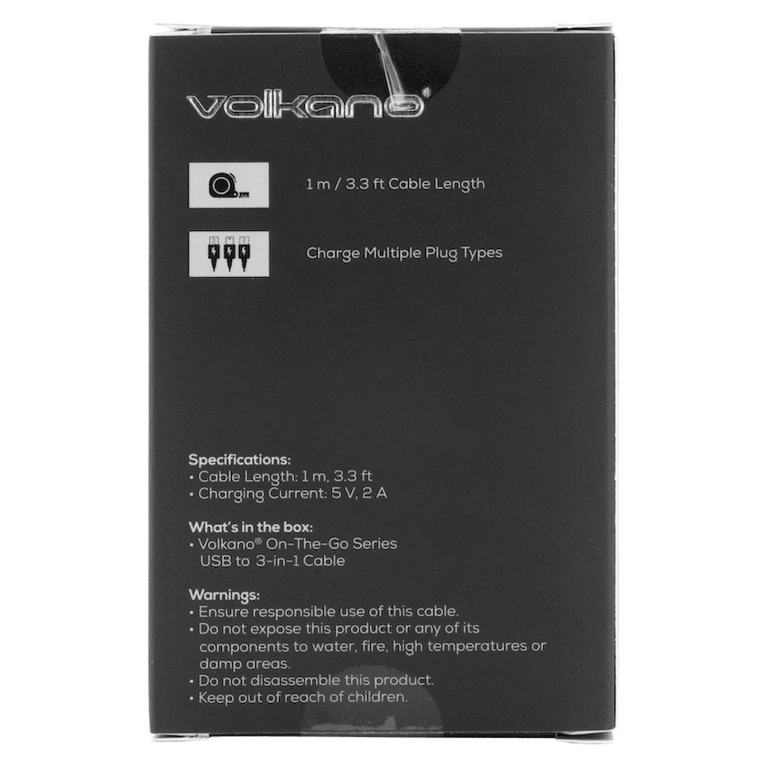 Volkano Mobile Accessories Volkano On-The-Go 3-in-1 1m Braided Cable - Black