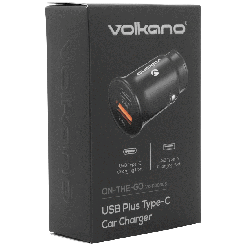 Volkano Mobile Accessories Volkano On-The-Go USB + Type-C 12w Car Charger - Black