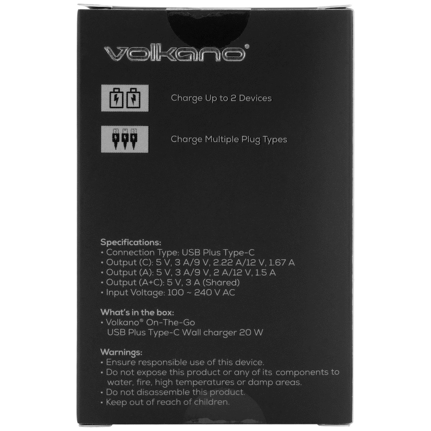 Volkano Mobile Accessories Volkano On-the-Go USB + Type-C 20w PD Wall Charger