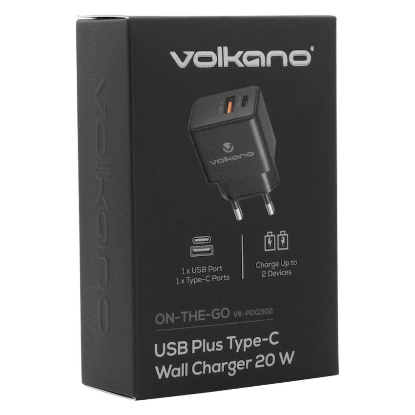 Volkano Mobile Accessories Volkano On-the-Go USB + Type-C 20w PD Wall Charger