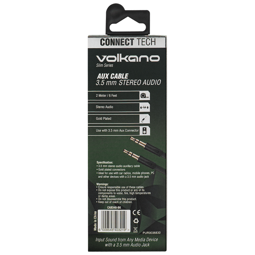 Volkano Mobile Accessories Volkano Slim Series Aux Cable 2m - Black