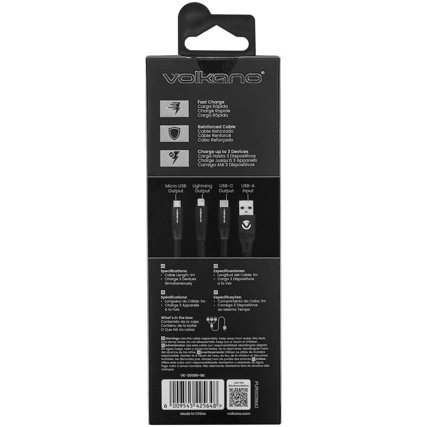 Volkano Mobile Accessories Volkano Slim Series Flat PVC 3-in-1 (Type-C / Lightning / Micro) Cable 1m - Black