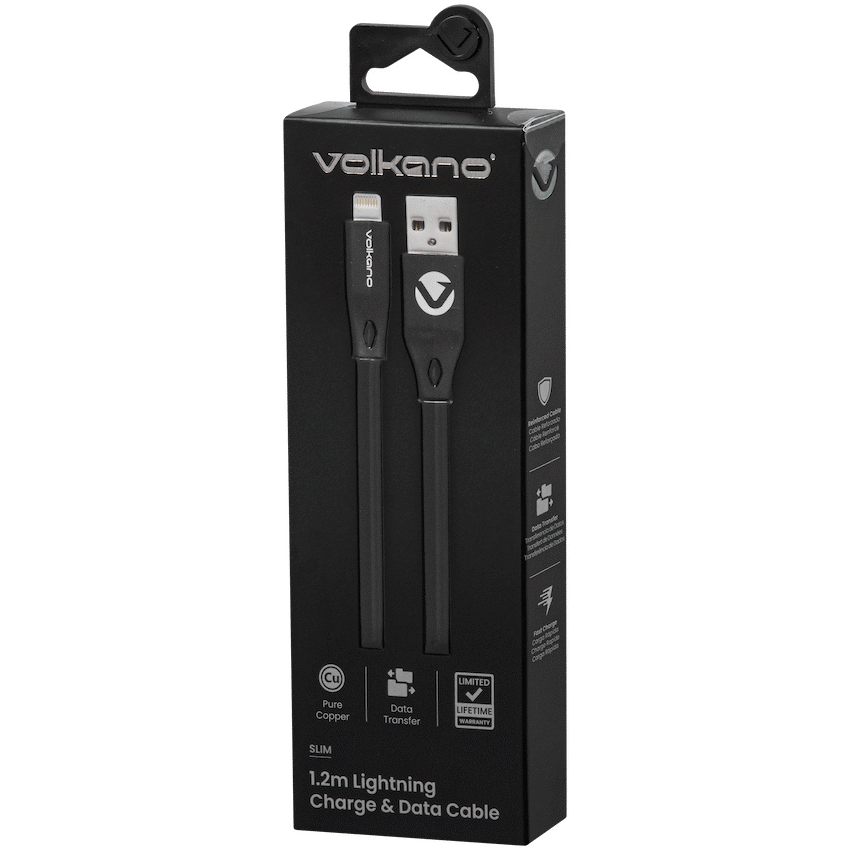 Volkano Mobile Accessories Volkano Slim Series Flat PVC Lightning Cable 1.2m - Black